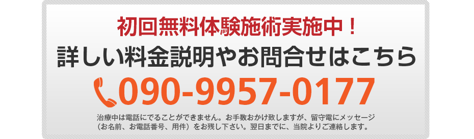 初回無料体験施術実施中!詳しい料金説明やお問合せはこちら03-6310-5565